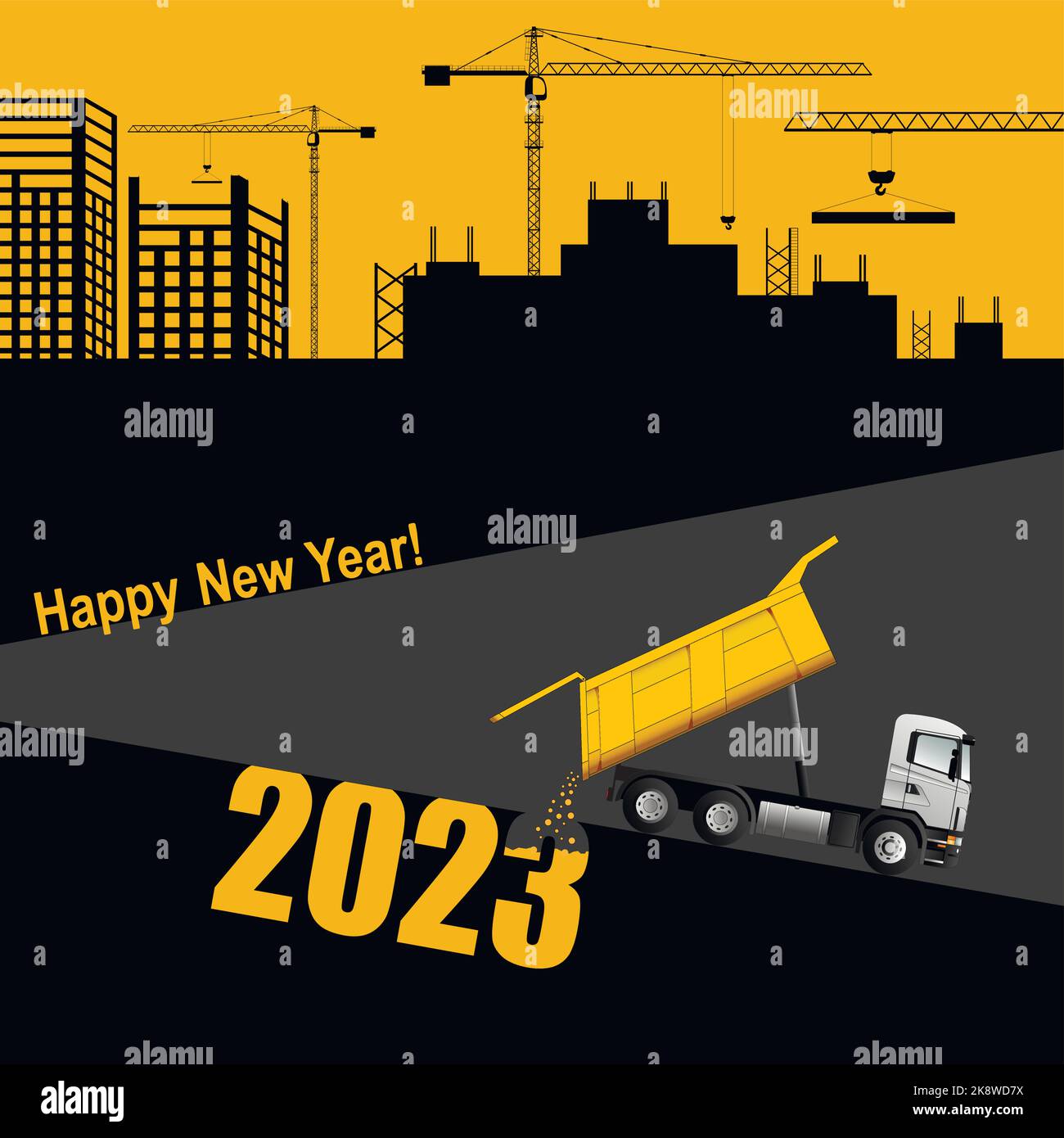 New Year card. Truck dump truck falls asleep new year numbers 2023