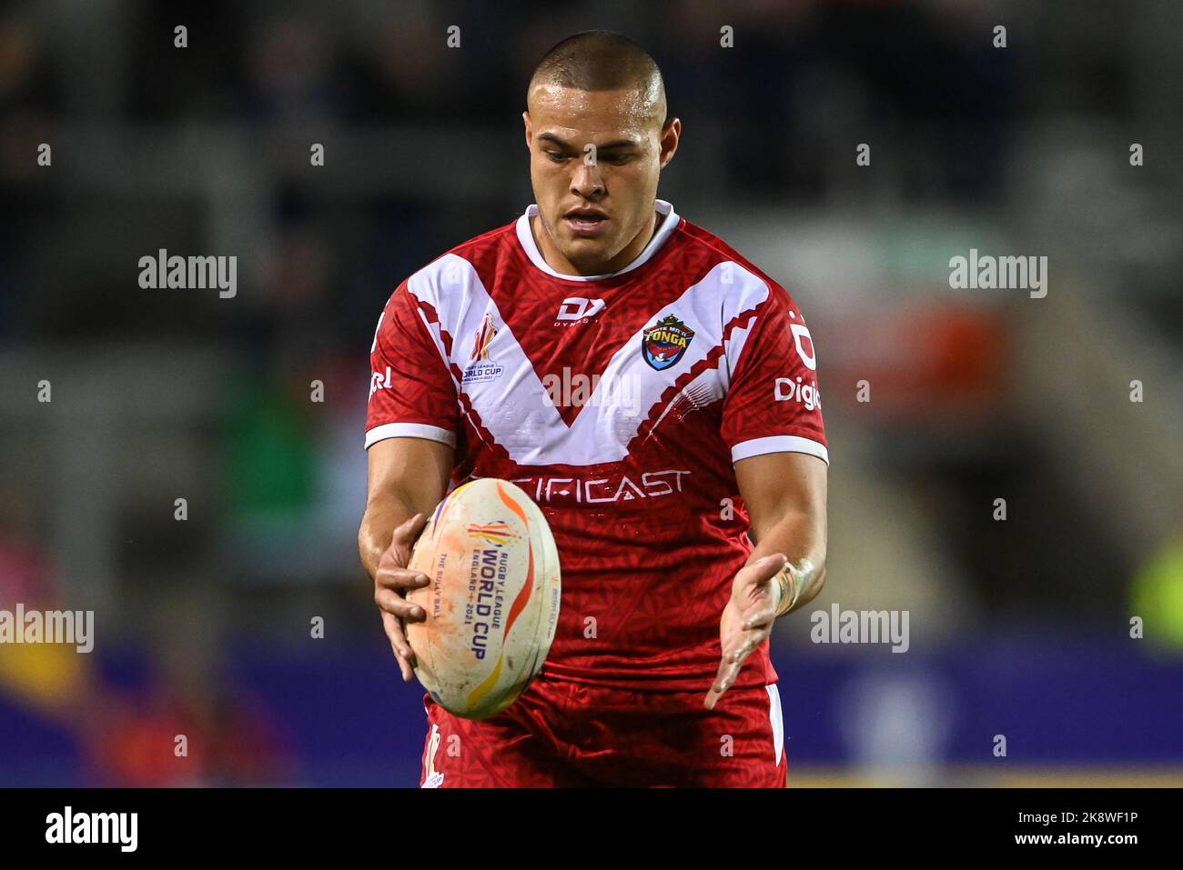 Tui Lolohea of Tonga in action during the Rugby League World Cup 2021 match  Tonga vs Wales at Totally Wicked Stadium, St Helens, United Kingdom, 24th  October 2022 (Photo by Craig Thomas/News