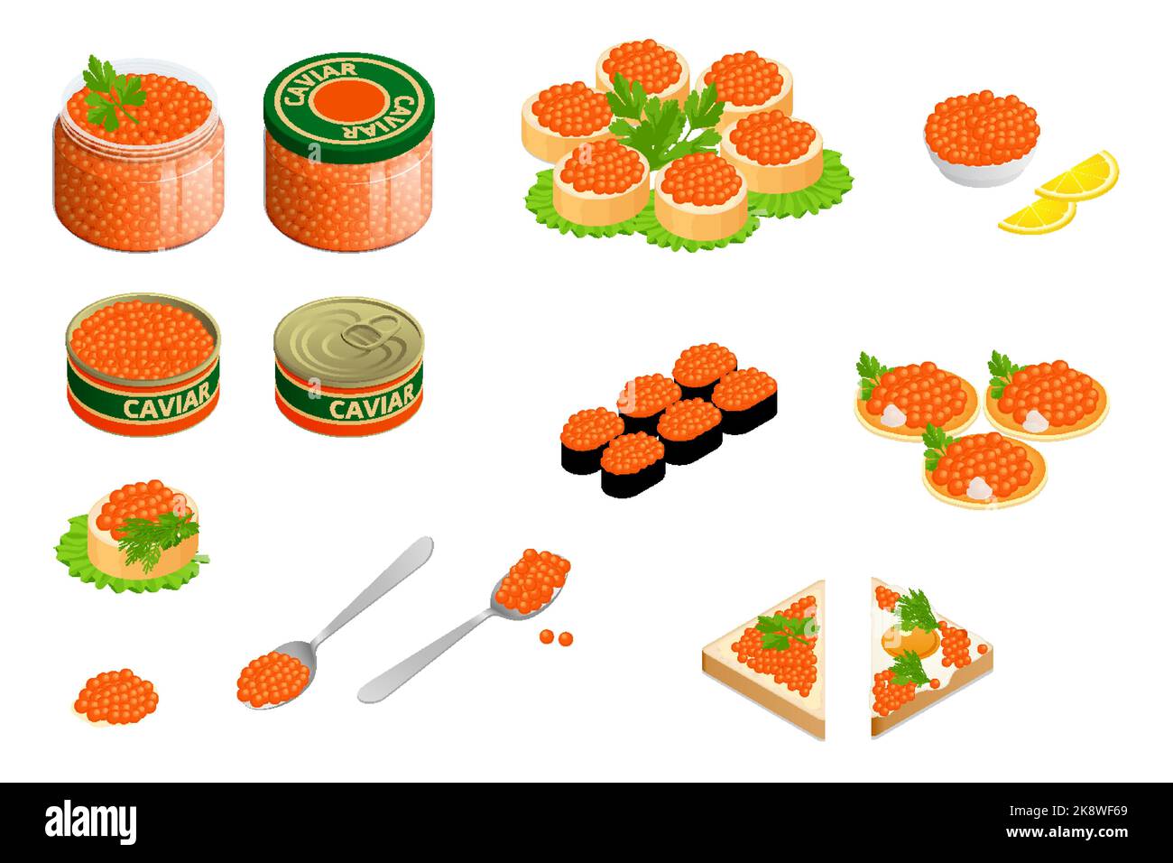 Isometric can of chum salmon caviar and sandwich. Glass jar with large chum salmon caviar, caviar in a tin can, spoon, bank, sushi, pancake. Stock Vector