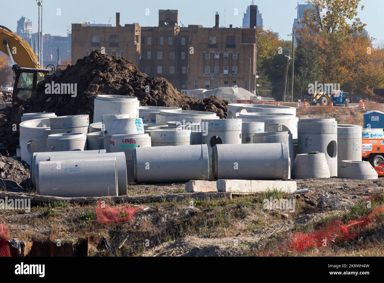 Detroit, Michigan, USA. 24th Oct, 2022. Drain pipes for the