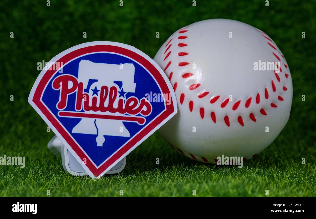 October 25, 2022. New York, USA. 2022 World Series participant Philadelphia Phillies baseball club emblems. Stock Photo
