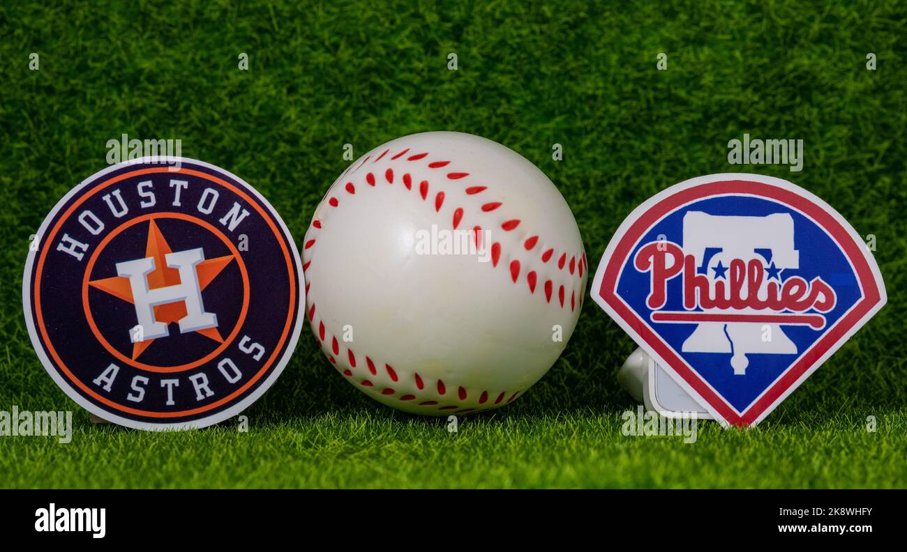October 25, 2022. New York, USA. The emblems of the baseball clubs of the 2022 World Series participants Houston Astros and Philadelphia Phillies. Stock Photo