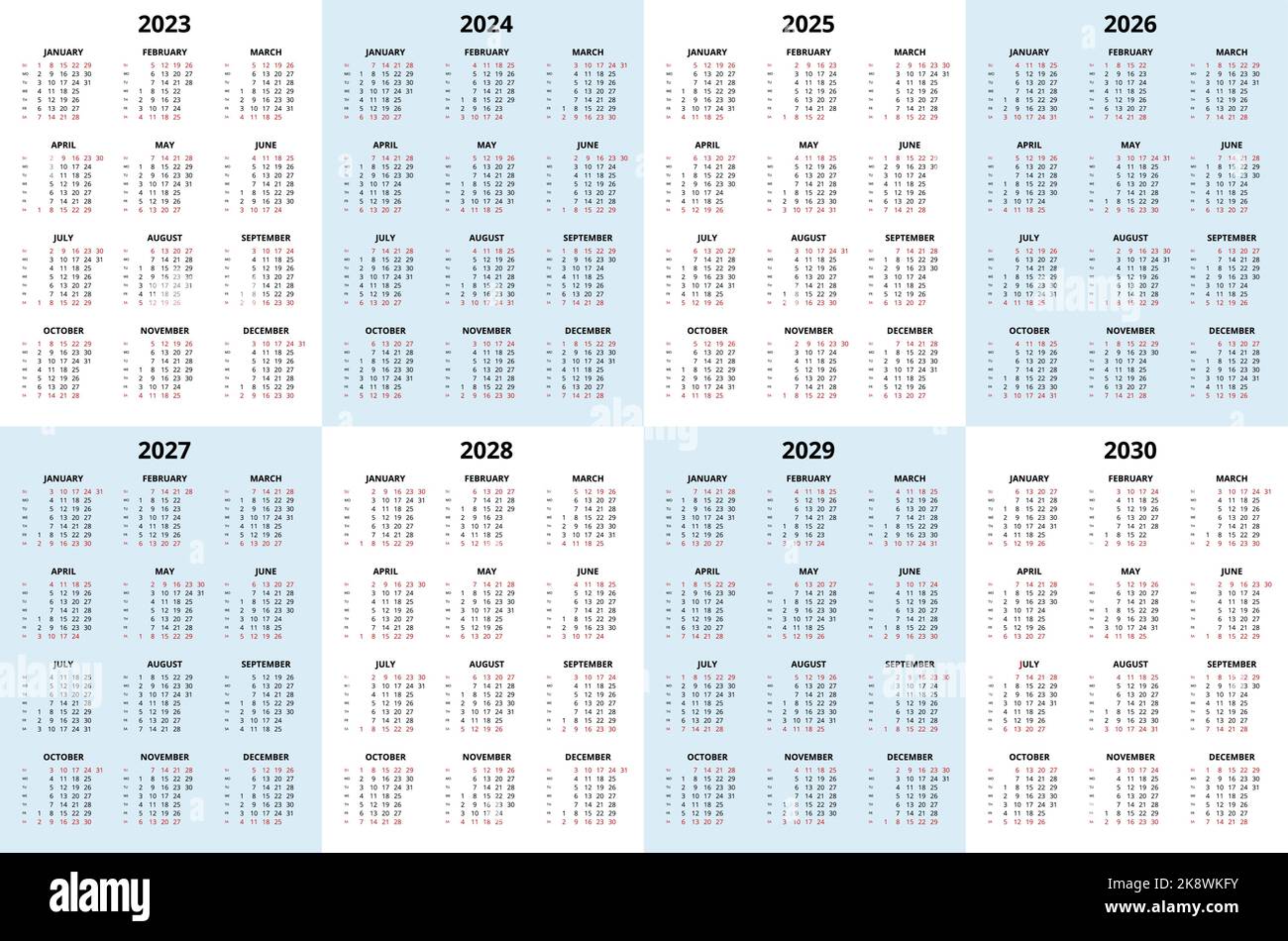 Календарь на 2030 год Calendar Planner 2023 - 2030. Calendar template. Design Print Template Stock Vec