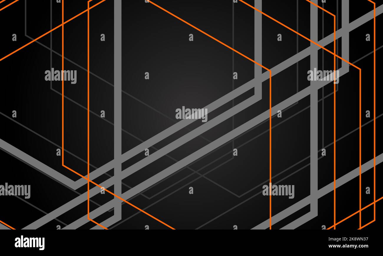 Black abstract modern background with gray and orange geometric lines ...
