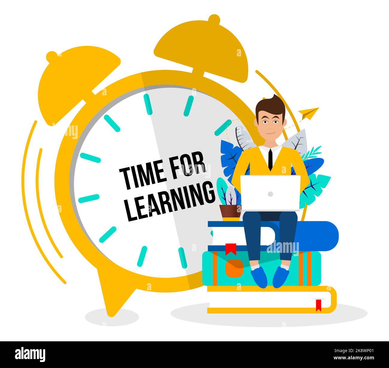 Alarm clock announcing time to study. Student with books. Vector