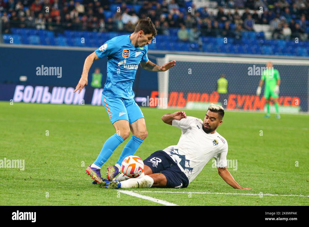 Saint Petersburg, Russia. 24th Oct, 2022. Zelimkhan Bakaev (L) of Zenit and Christian Noboa (R) of Sochi seen in action during the Russian Premier League football match between Zenit Saint Petersburg and Sochi at Gazprom Arena. Final score; Zenit 7:0 Sochi. Credit: SOPA Images Limited/Alamy Live News Stock Photo