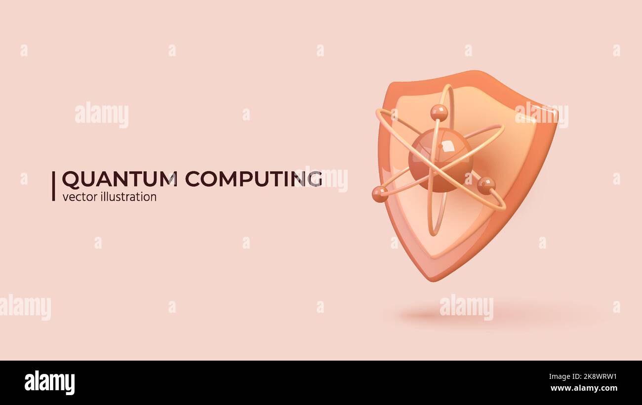 Quantum Computing - Concept. Realistic 3D design of atom and shield icon. Qubit, cryptography, security. Realistic 3d cartoon minimalistic style. Vector illustration Stock Vector