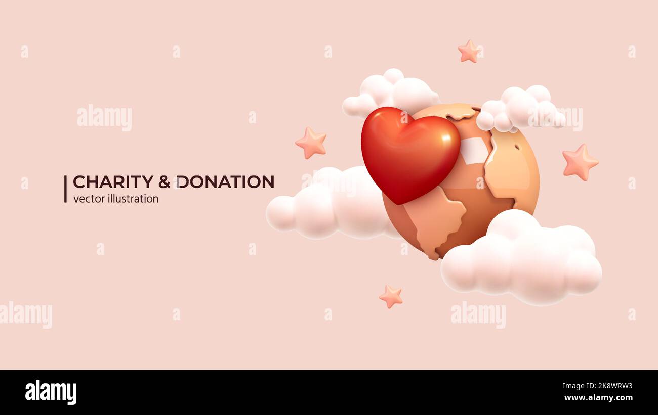 Carity - 3D Concept of support and kindness in community. Share empathy and hope with needy. Help and compassion in life. Realistic 3d cartoon minimal style. Vector illustration Stock Vector