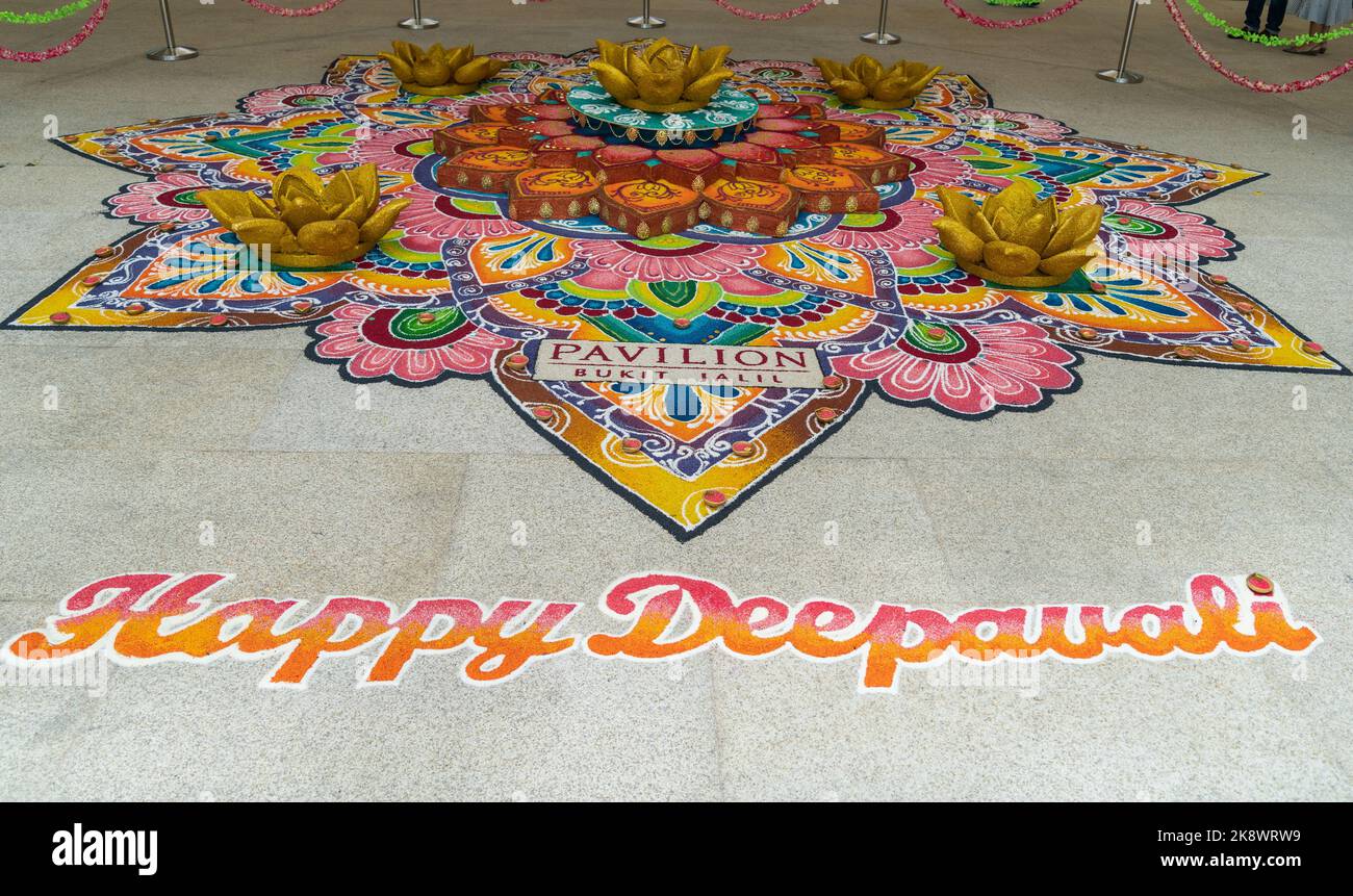 Kuala Lumpur,Malaysia - October 24,2022 : Beautiful colorful Indian traditional rangoli decoration for Deepavali celebration in Pavilion Bukit Jalil. Stock Photo