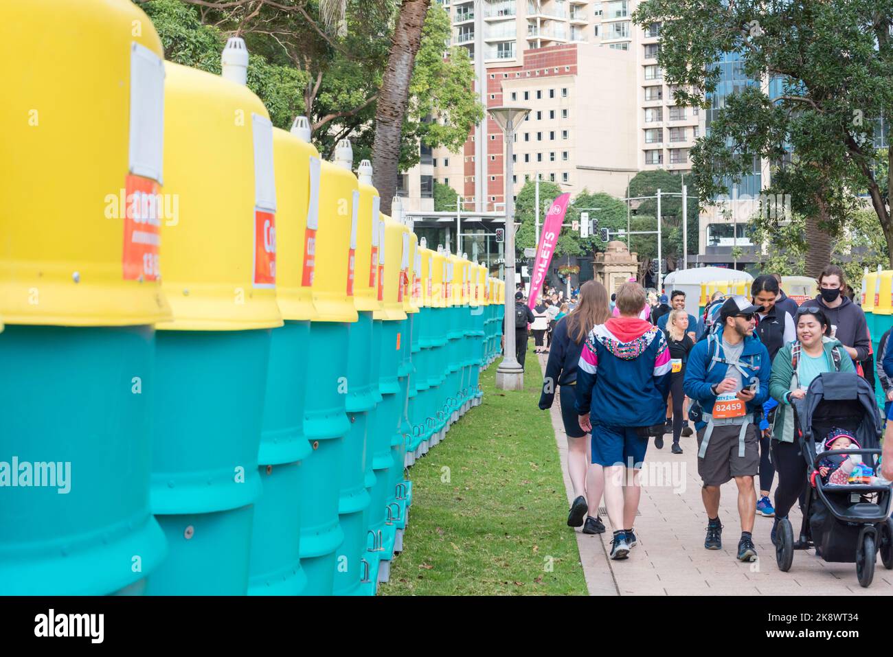 portable toilets lined up in Hyde Park near the start of the Sydney City to Surf race in 2022 Stock Photo