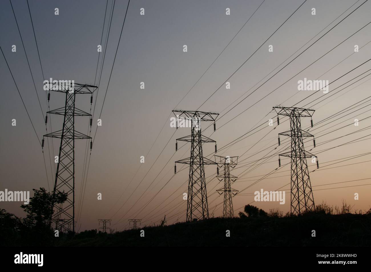Four Overhead Electrical Pylons with cables directly overhead Stock ...