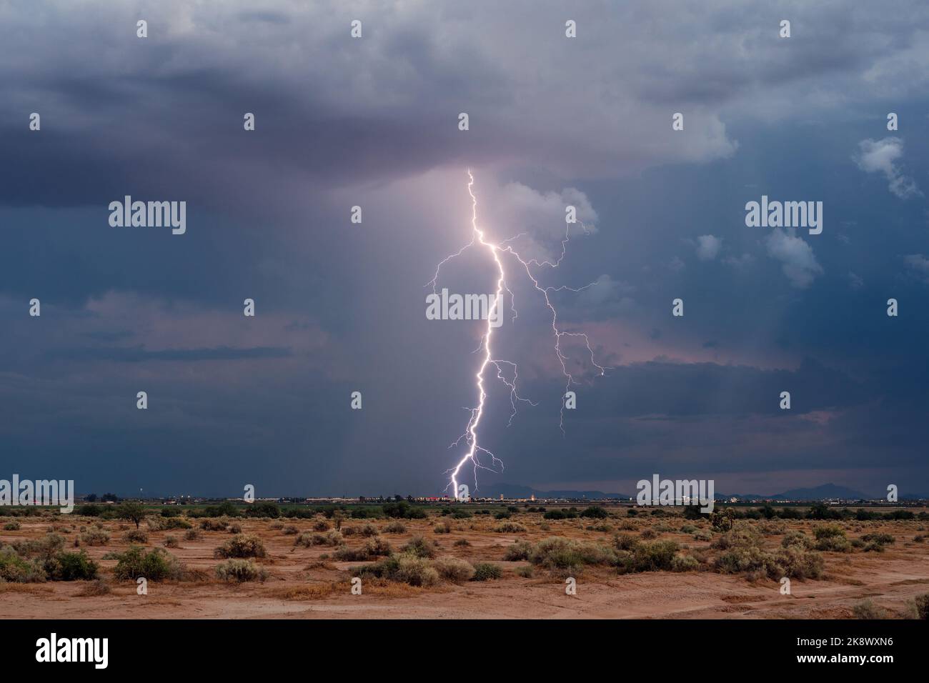 Lightning bolt from a monsoon thunderstorm over Casa Grande, Arizona Stock Photo