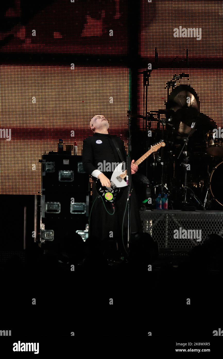 Toronto, Canada. 24/10/2022, Billy Corgan of Smashing Pumpkins performs on stage wearing dark eye makeup and a Freemason crest on his cloak Stock Photo