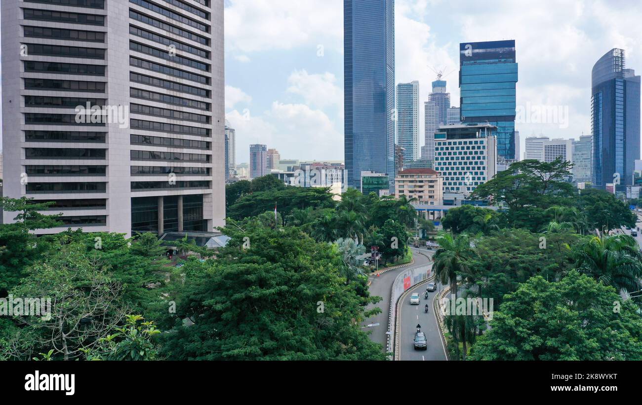 The business district of Jakarta along Jalan Sudirman, one of the city main avenue, is line with many banks HQ and other office towers. Jakarta is Stock Photo