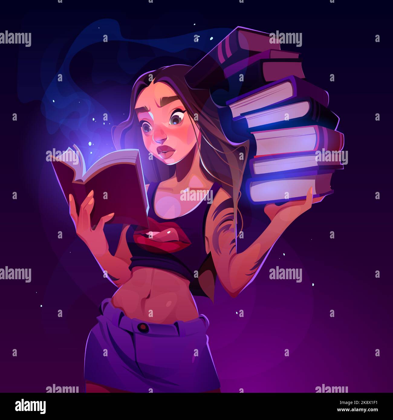 Young girl reading book with magic glow and huge stack of volumes in hand. Woman read fairy tale or fantasy story with deep immersion. Knowledge, power of education concept Cartoon vector illustration Stock Vector
