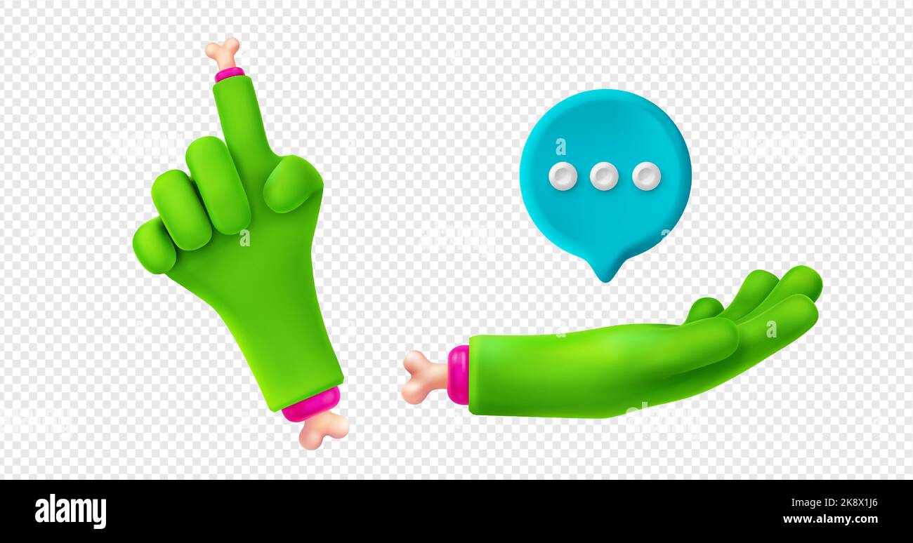 3d render zombie hands pointing up and holding speech bubble. Green monster character palm, funny Halloween personage gestures, finger with bones, isolated vector illustration in cartoon plastic style Stock Vector