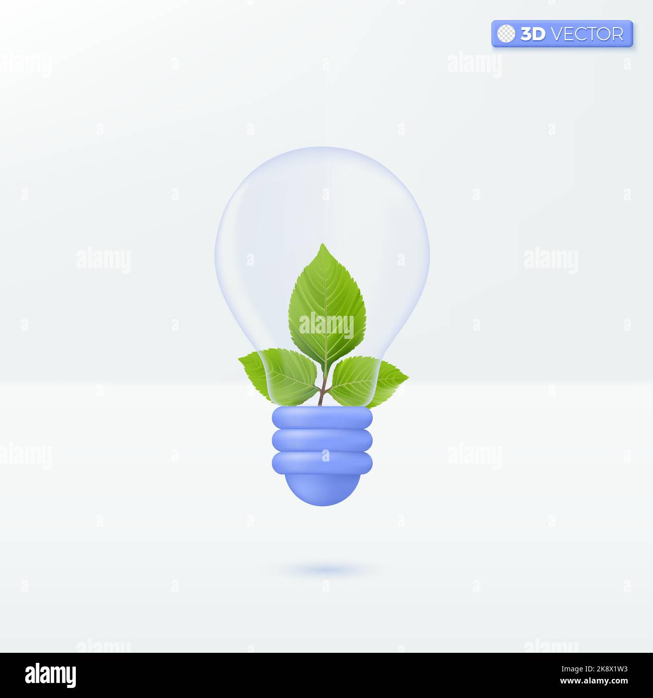 Light bulb transparency and green leaf. develop environment, ecology, idea metaphor. 3D vector isolated illustration design Cartoon pastel Minimal sty Stock Vector
