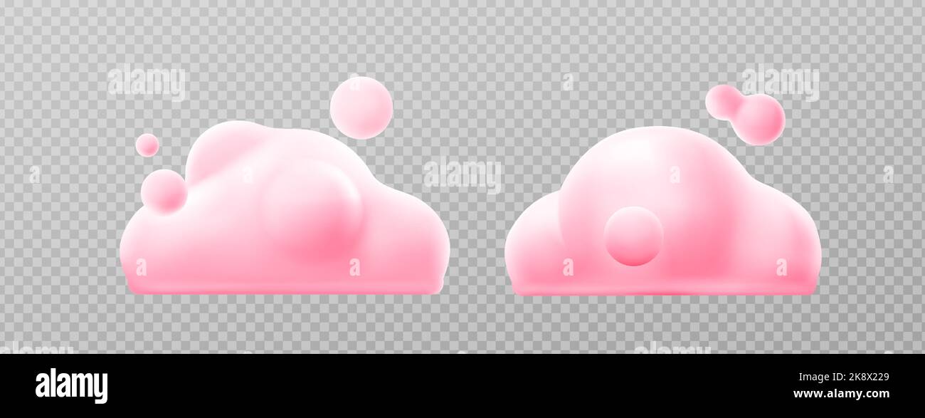 3d render pink clouds, fluffy spindrift or cumulus eddies. Flying weather and nature design elements balloons isolated on transparent background, illustration in cartoon plastic style, icons set Stock Vector