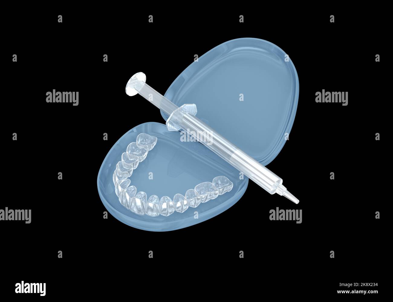Teeth whitening kit, invisalign and gel. 3D illustration concept Stock