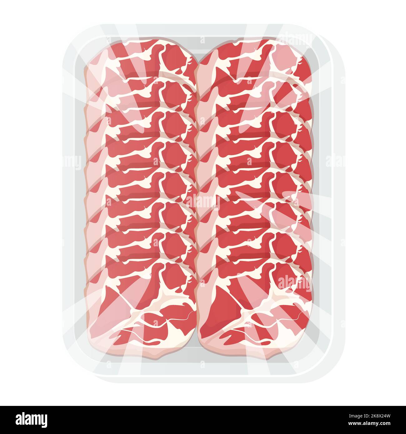 Smoked sliced meat in a tray. Vacuum packaging for the supermarket. Vector illustration Stock
