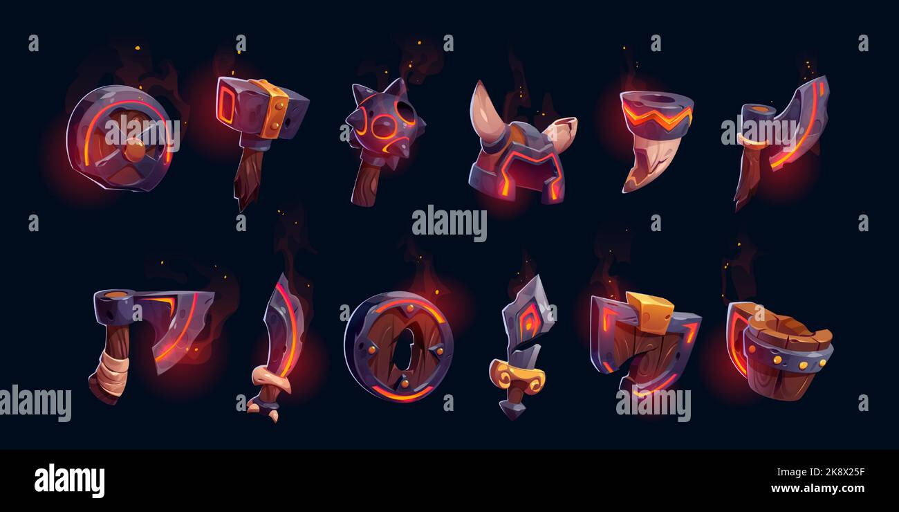 Old broken weapon and armor with fire glow. Game items set, icons of axe, shields, mace, sword, helmet, dagger, bugle horn and hammer isolated on black background, vector cartoon illustration Stock Vector