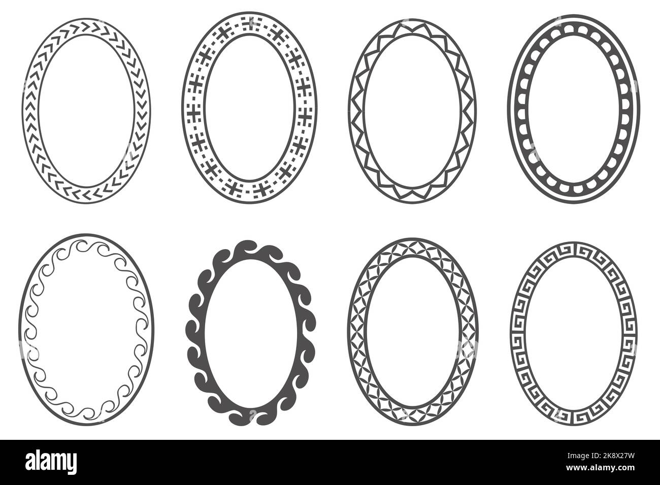 Greek key oval frame set. Circle borders with meander ornaments