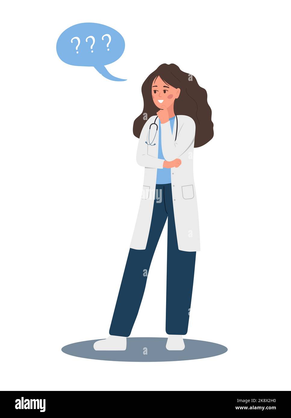 Female doctor in doubt. Thinking woman in uniform with question mark. Searching for trouble solution. Vector illustration in flat cartoon style Stock Vector