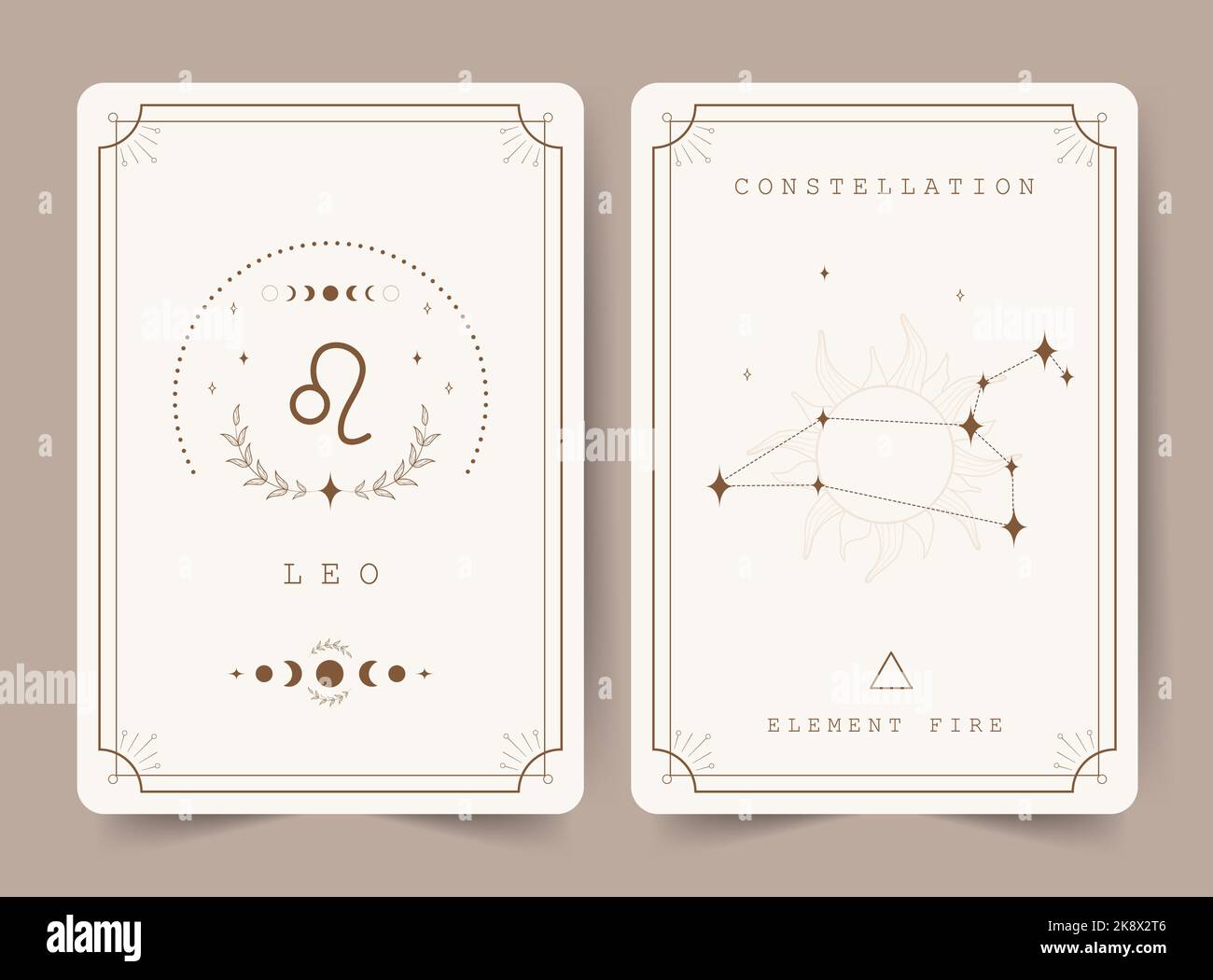 Leo. Witchcraft cards with astrology zodiac sign and constellation. Perfect for tarot readers and astrologers. Occult magic background. Horoscope Stock Vector