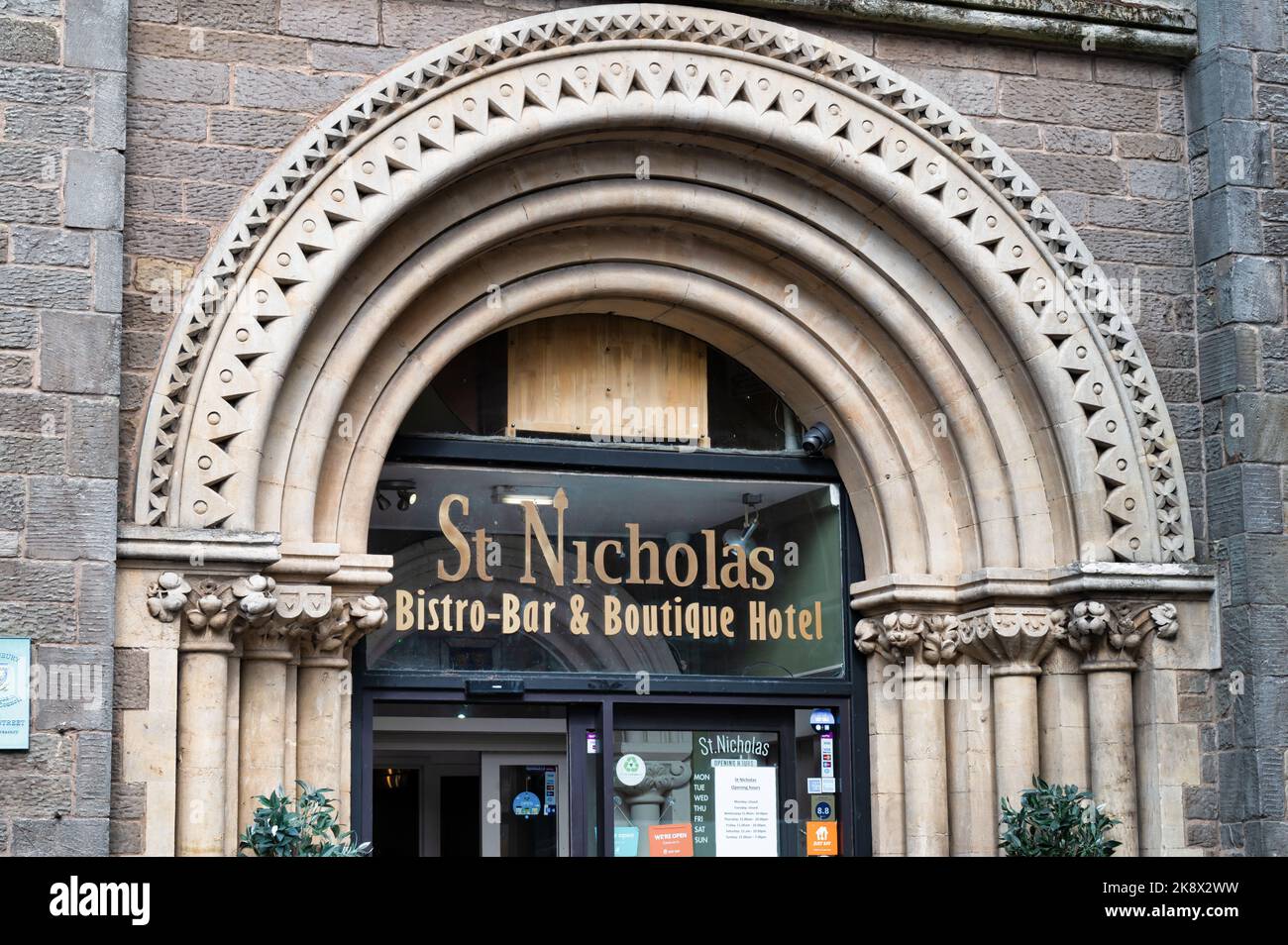 Shrewsbury, UK-  July 14, 2022: St Nicholas Bistro, bar and boutique hotel in Shrewsbury, England. Stock Photo