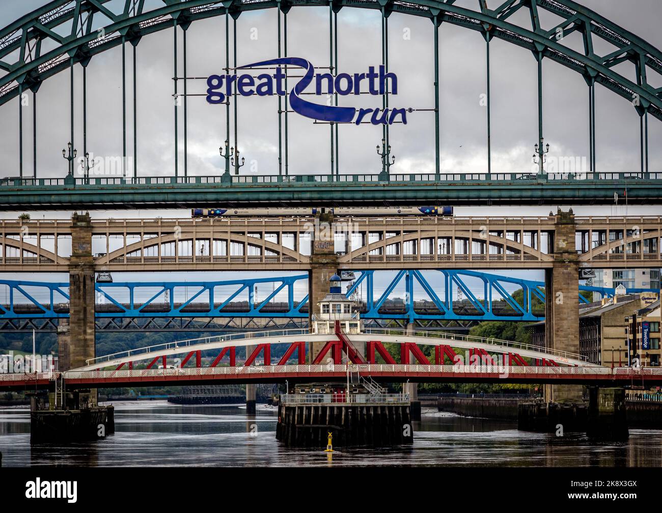 Tyne Bridge Newcastle with Great North Run Sign Stock Photo