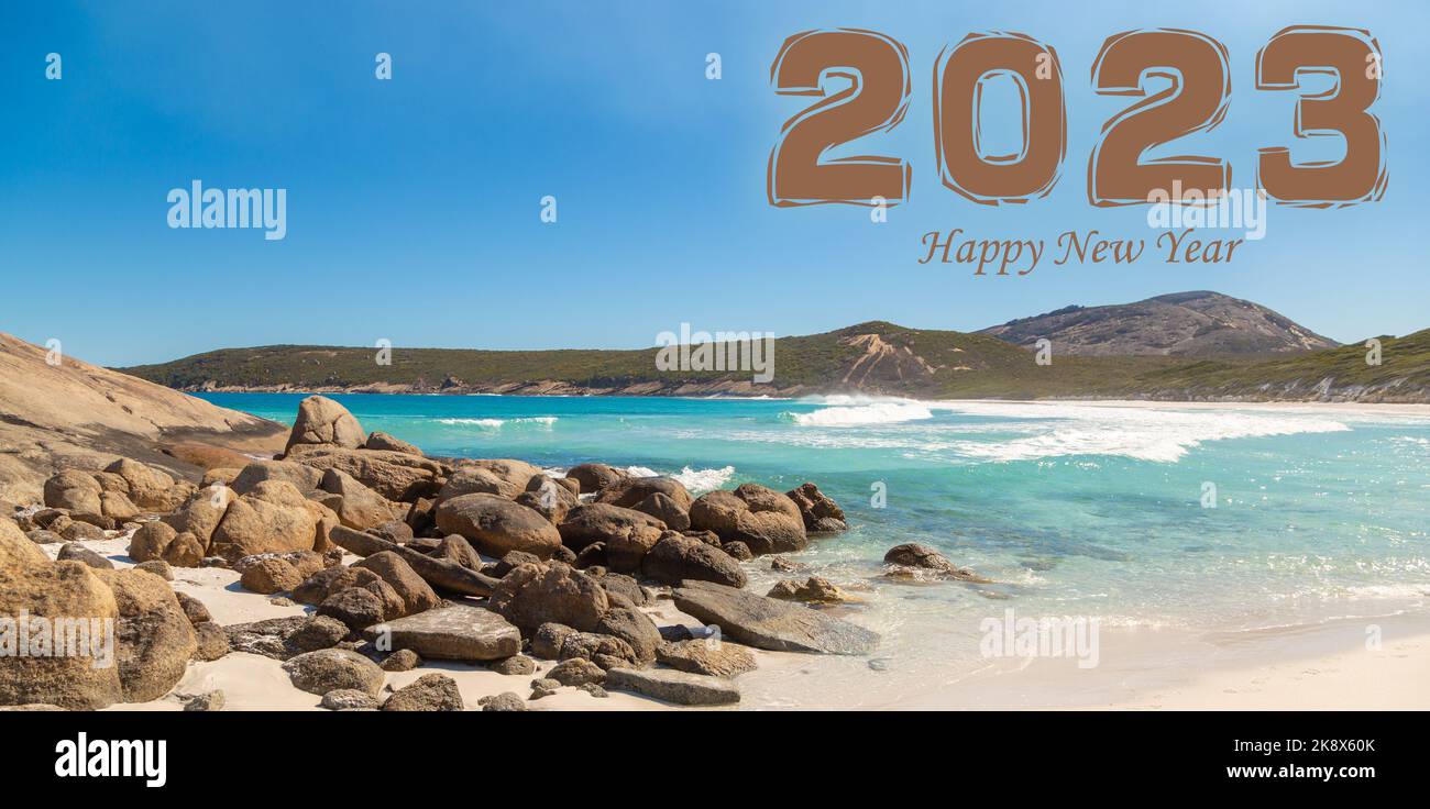 Happy New Year 2023, Hellfire Bay, Cape Le Grand, Western Australia, Esperance, Ocean, Water, Blue Sky, Landscape Stock Photo