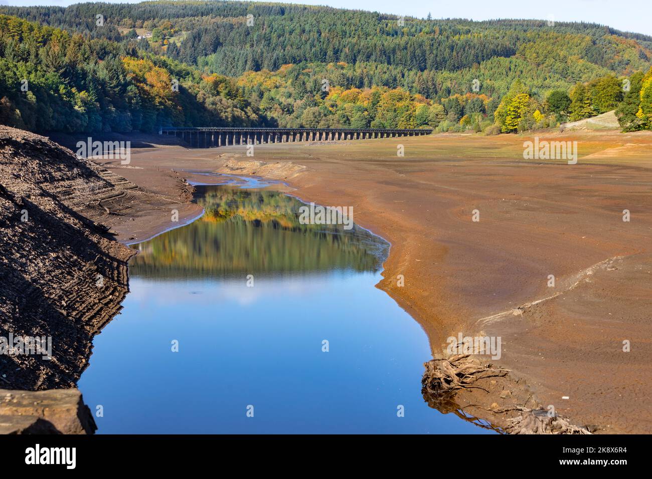 An almost empty Ladybower reservoir in The Peak District of Derbyshire. Stock Photo