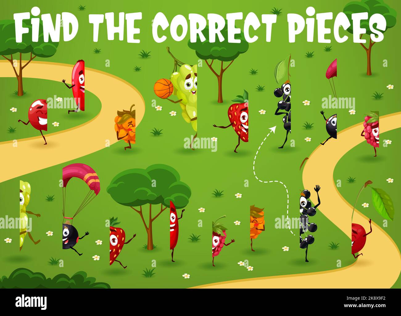 Find the correct pieces. Cartoon cheerful berry character on summer ...