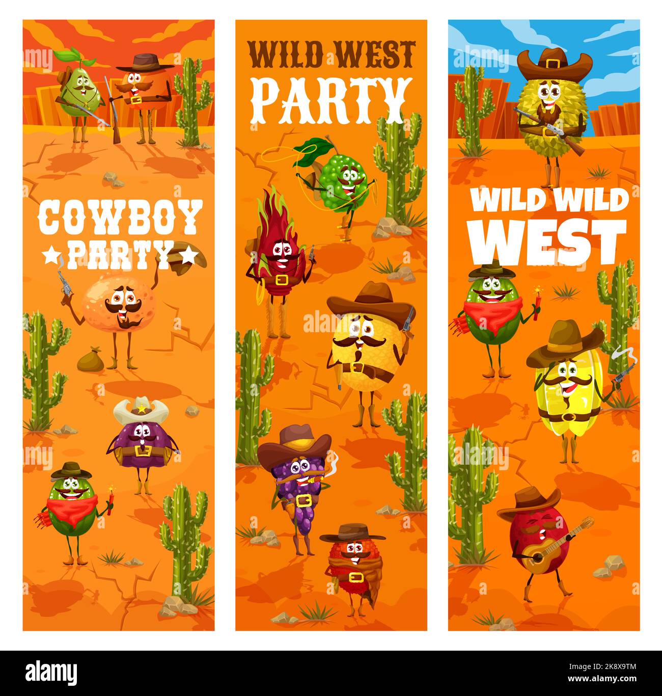 Wild West. Western cowboy party. Cartoon ranger, bandit and cowboy fruit characters of guava, orange and grapefruit, fig, kiwi, bergamot, dragon fruit and melon, grape, lychee, carambola and pitaya Stock Vector