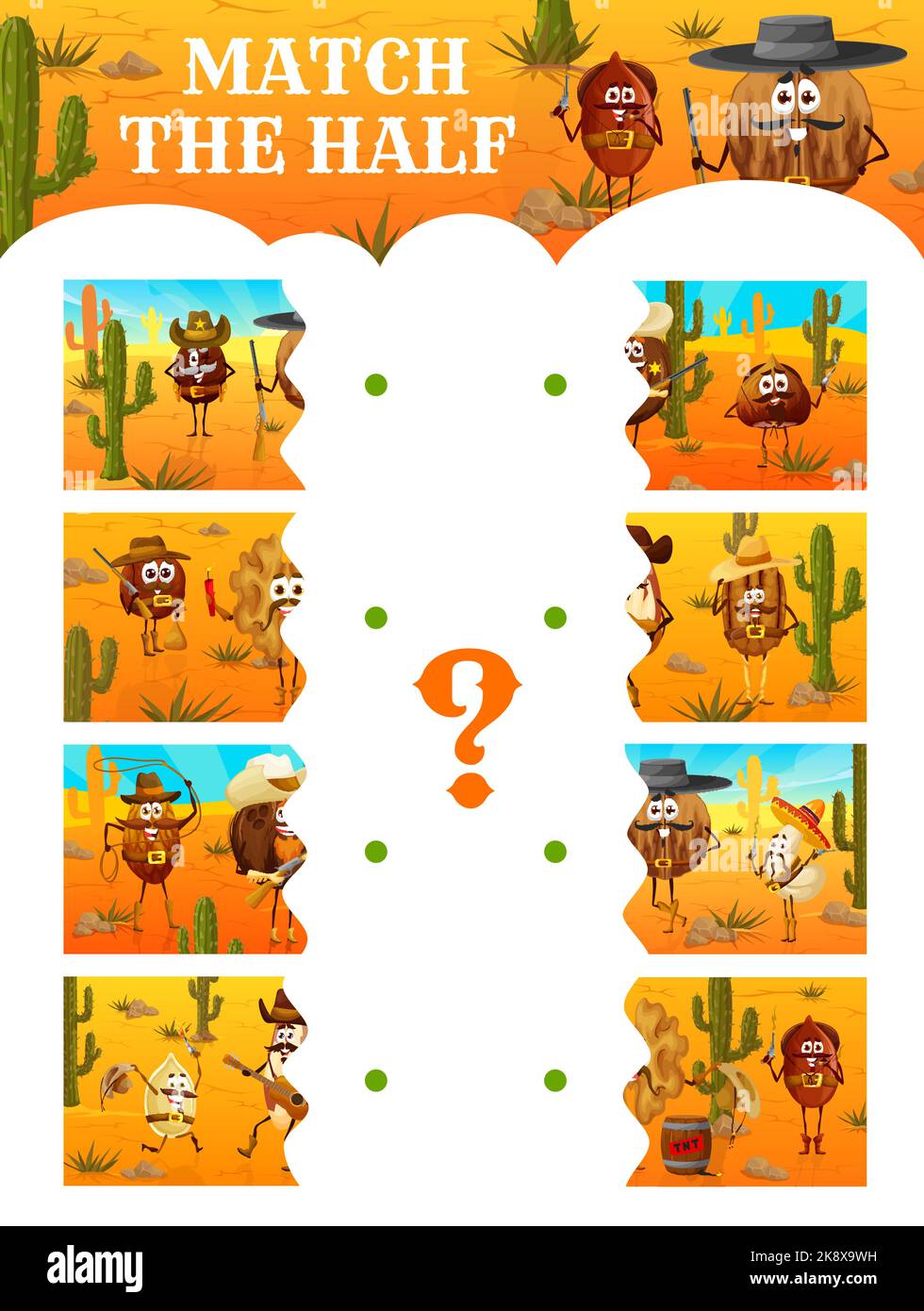 Wild West. Match the half of cartoon cowboy, bandit and ranger nut