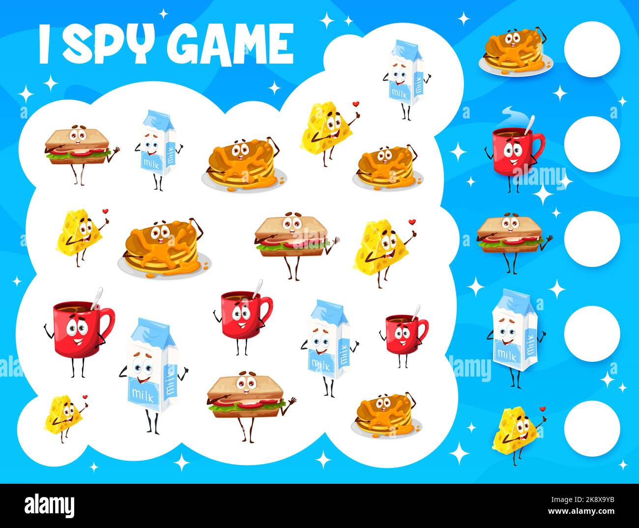 I spy game. Breakfast food, snack and dairy cartoon characters. Child