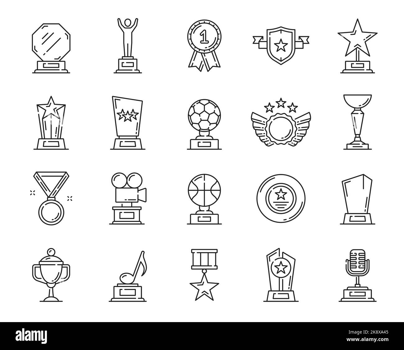 Line award trophy icons, cups and winner prize goblets, vector best first place symbols. Award cups and trophy goblet icons of sport game champion, number one medals in music or cinematography Stock Vector