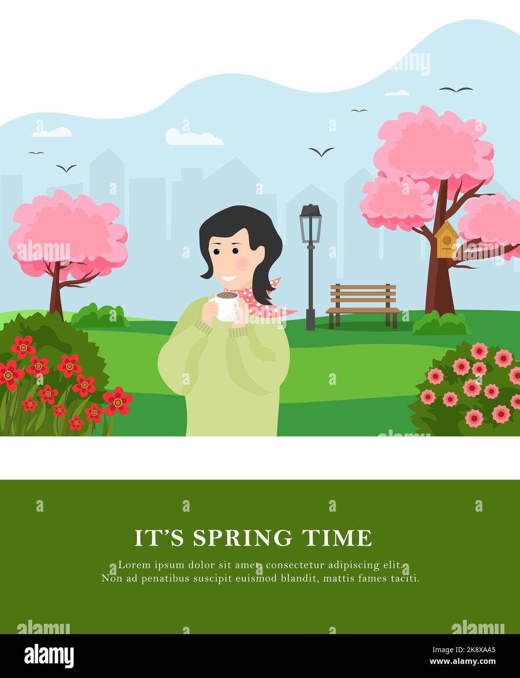 Girl with a cup of coffee in a city park. Spring time for walking. Flowering trees, bench and lantern. Vector drawing. For print and posters, packagin Stock Vector