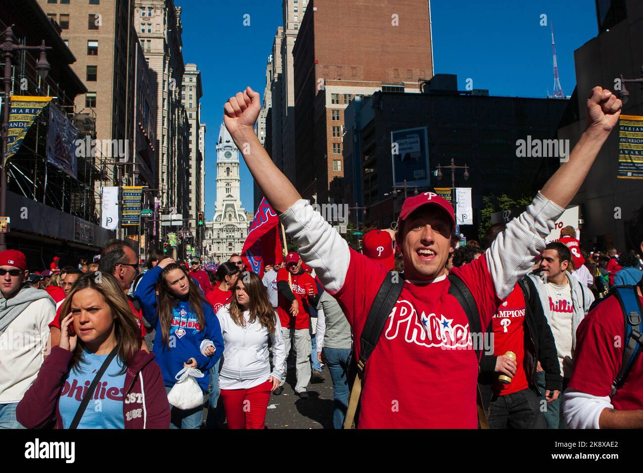 Philadelphia Phillies fans celebrating Phillies World Series victory  October 31, 2008 with parade down Broad Street Philadelphia Stock Photo -  Alamy