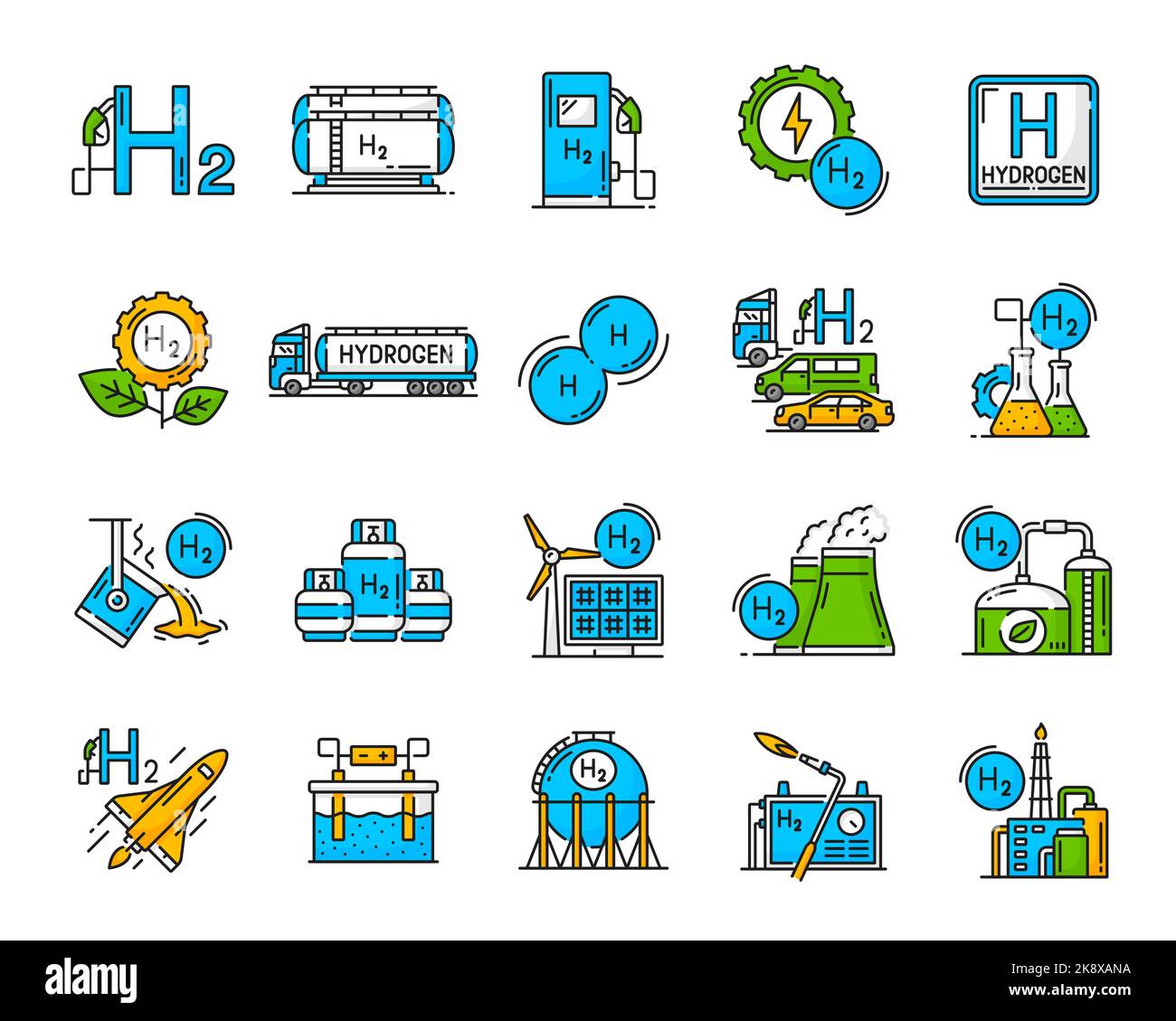 Hydrogen color icons. Green power and renewable energy simple symbols