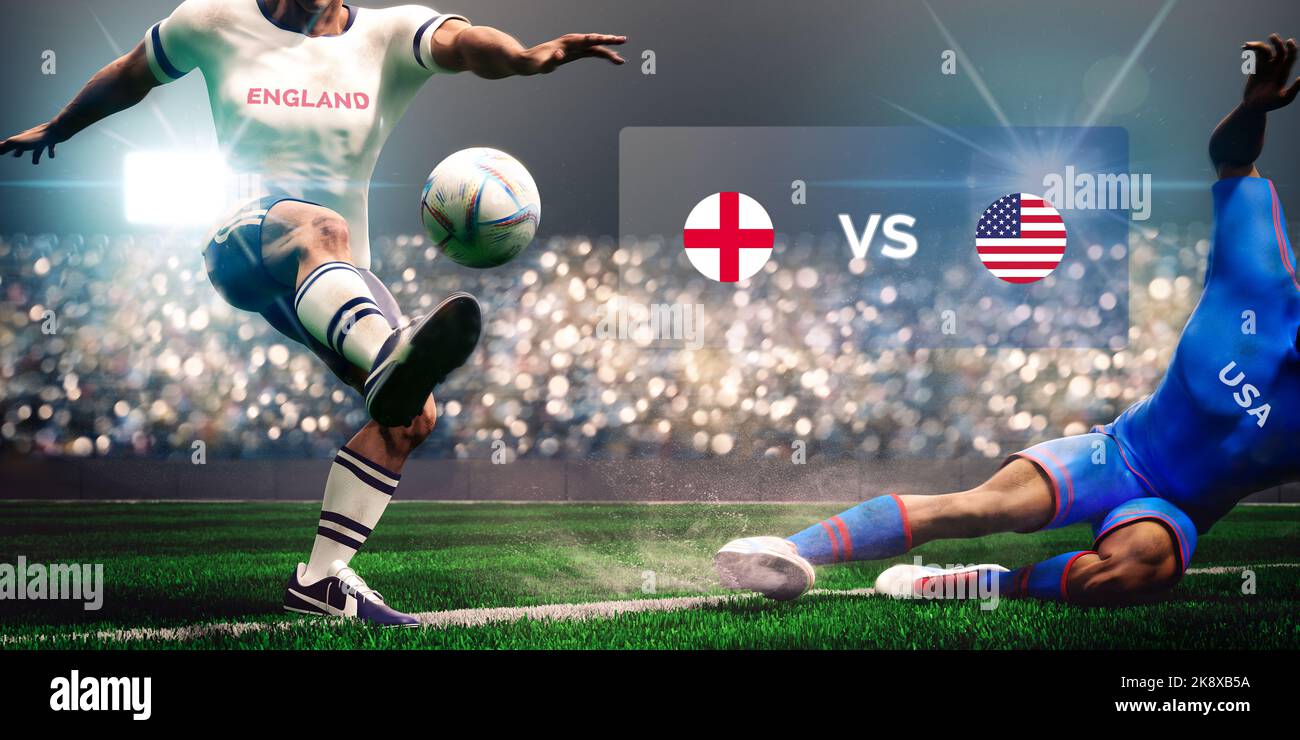 Football soccer players slide tackle for possession of the ball. Match England vs USA. 3D