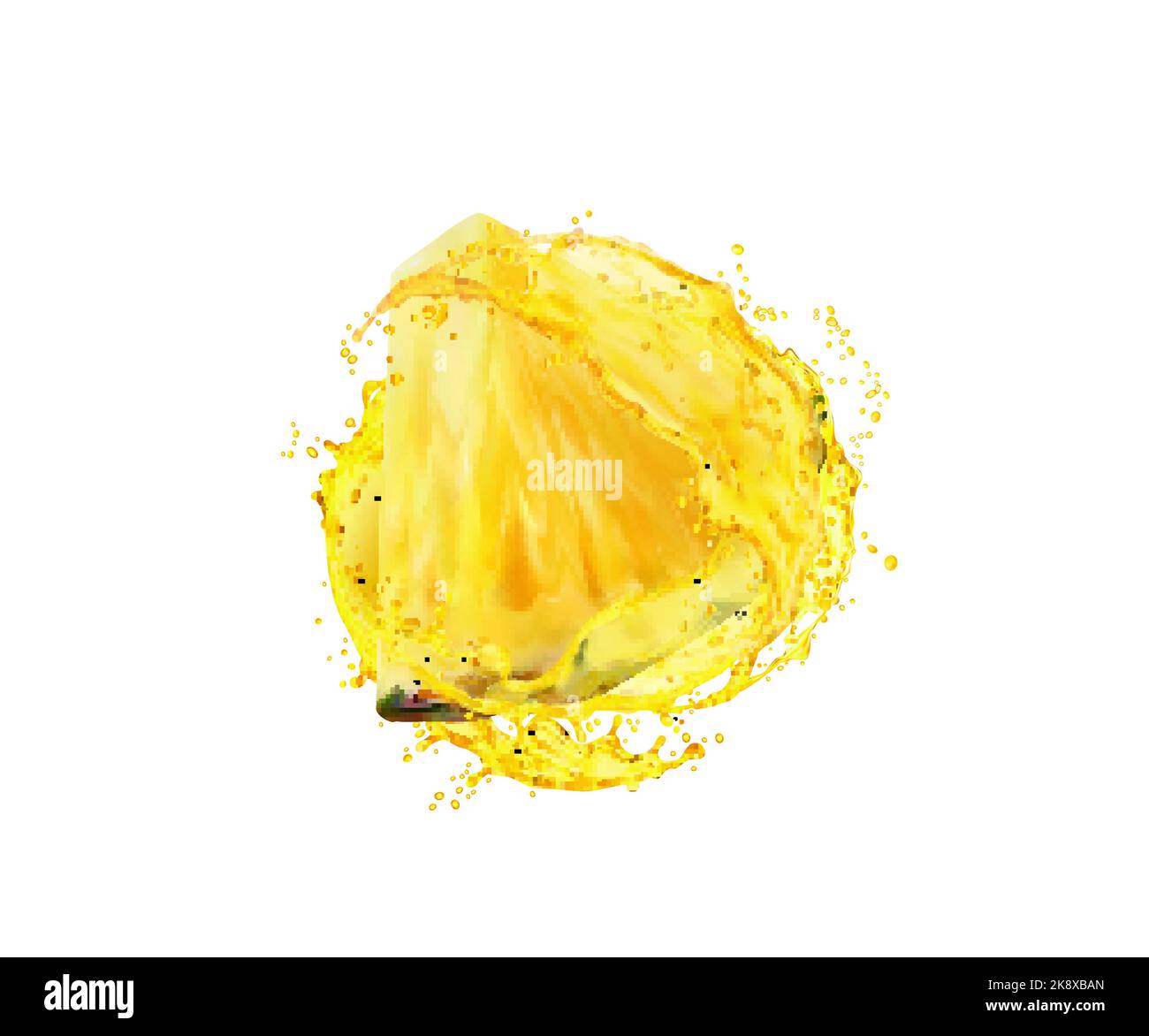 Pineapple fruit slice with juice splash. Isolated juicy drink spill with flying droplets frozen