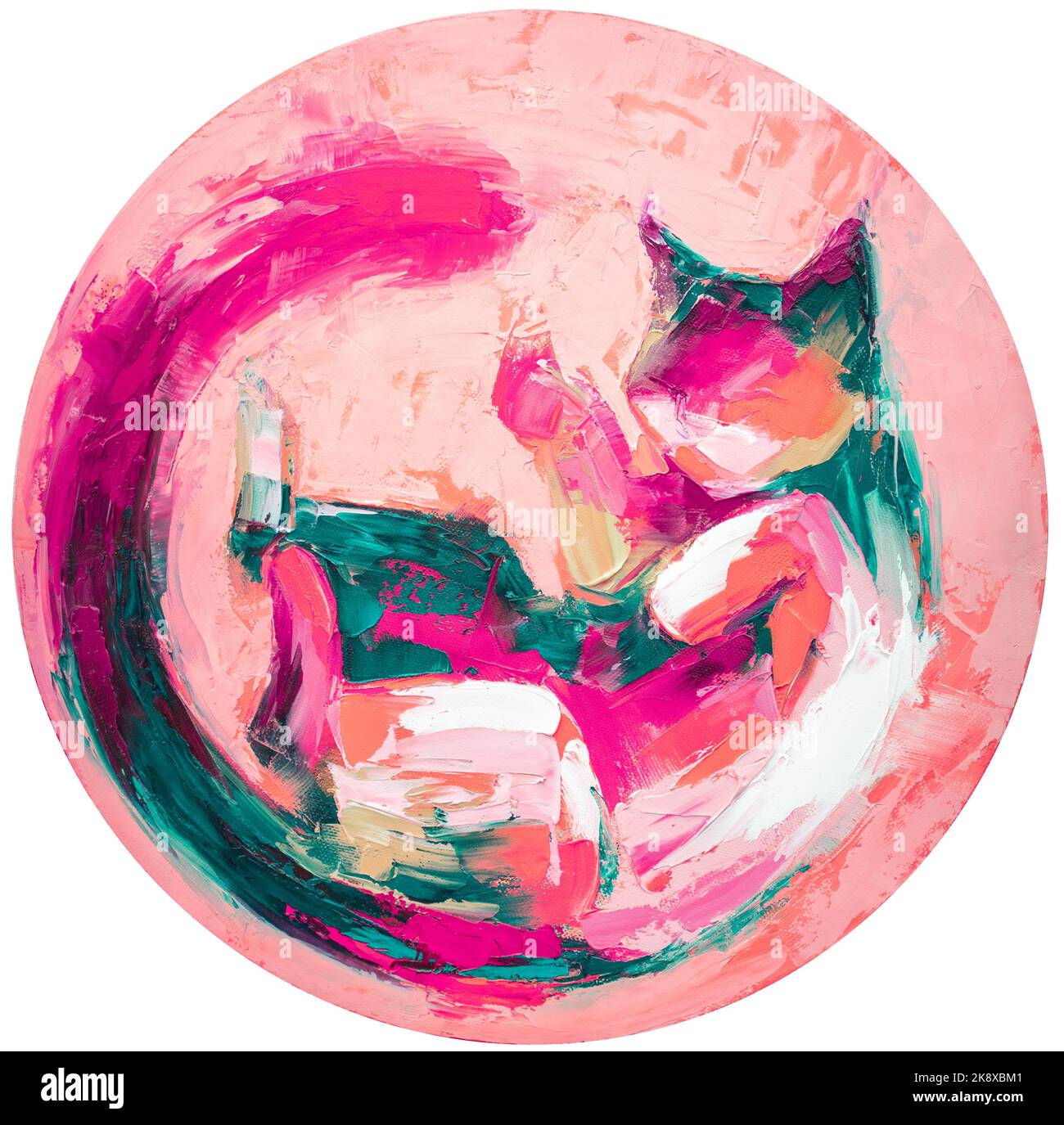 Oil picture of a cat curled up painting in multicolored tones. Conceptual abstract painting. Closeup painting oil and palette knife on canvas. Stock Photo