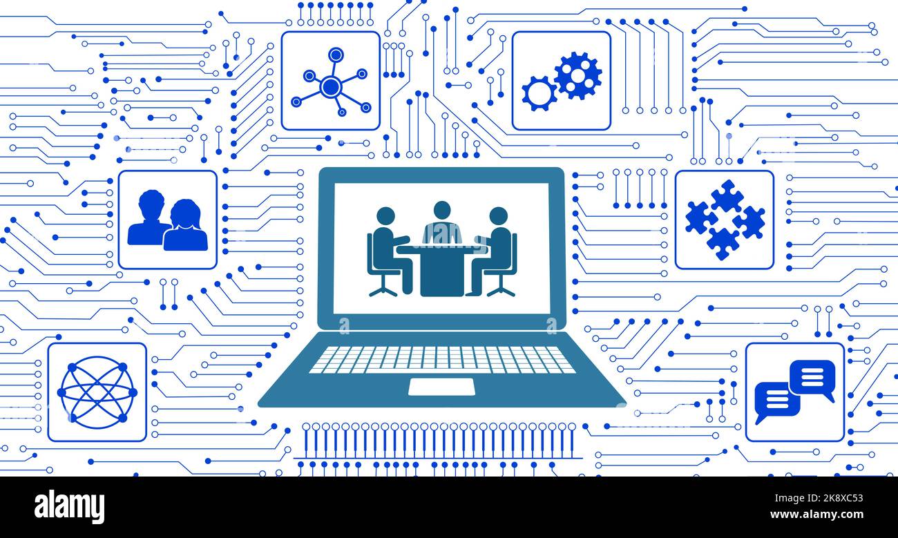 Concept of meeting with icons integrated in circuit Stock Photo - Alamy