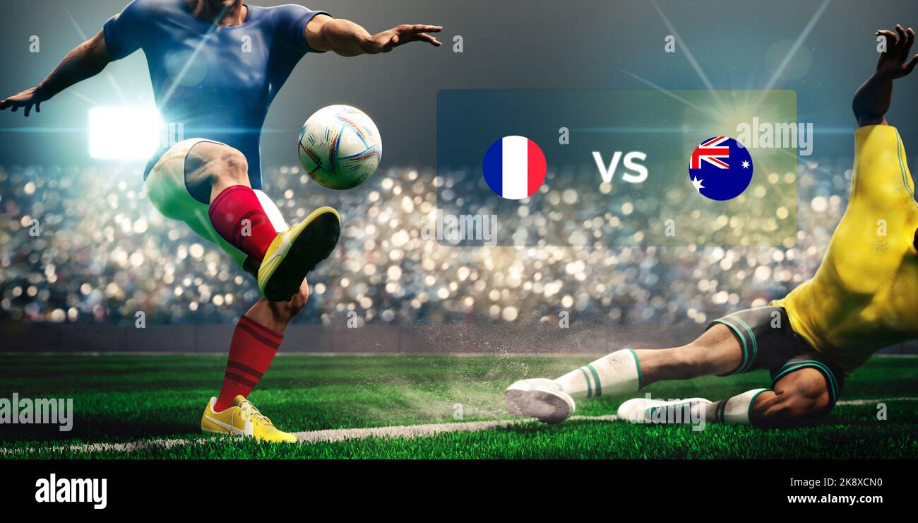 Football soccer players slide tackle for possession of the ball. Match France vs Australia. 3D