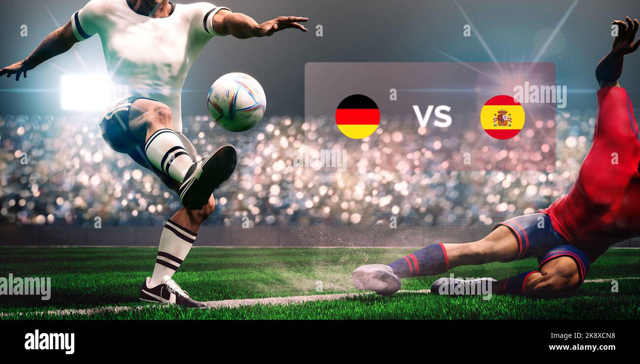 Football soccer players slide tackle for possession of the ball. Match