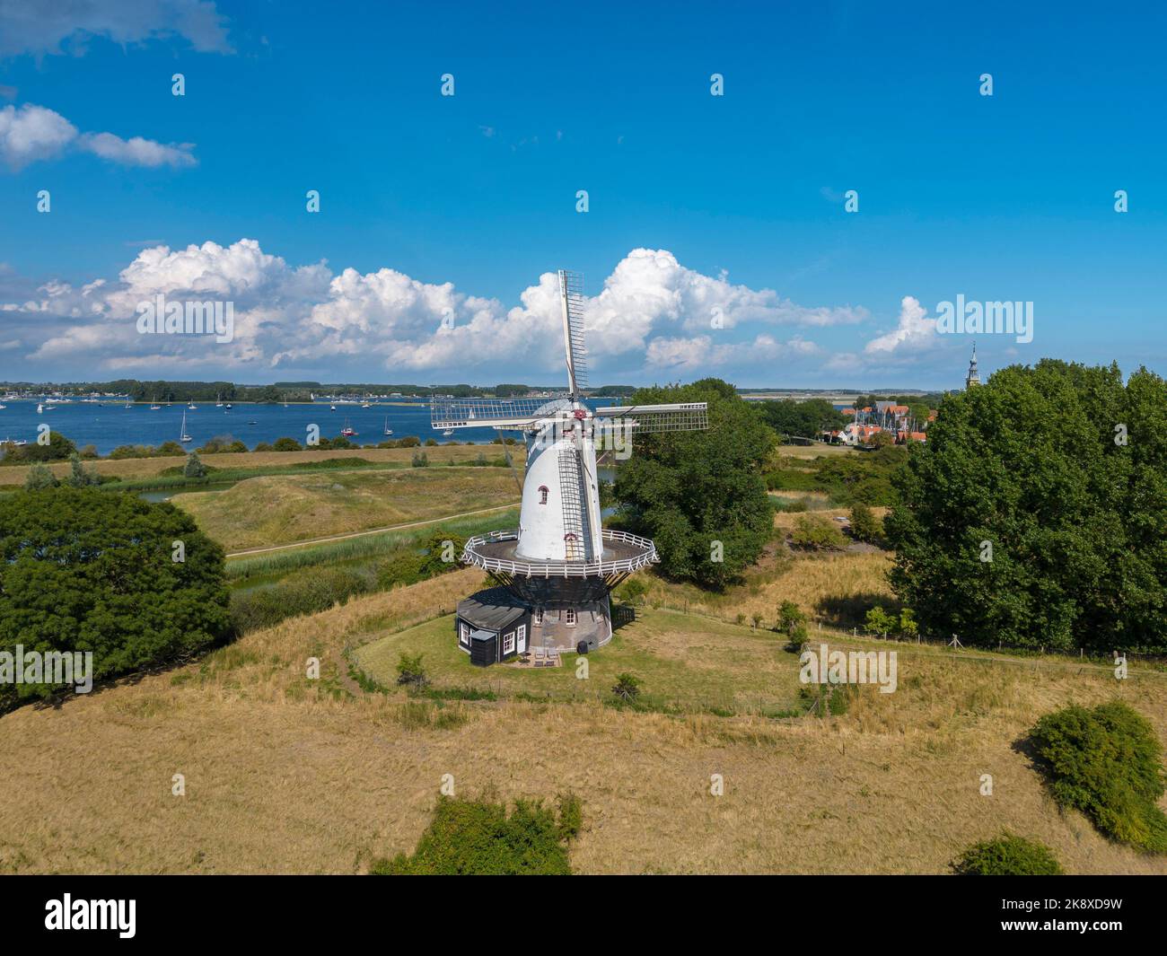 Aerial view with the windmill De Koe, in the background the Veerse Meer, Veere, Zeeland, Netherlands, Europe Stock Photo
