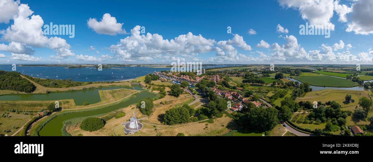 Aerial view, City view with the historic town hall and the Great Church. In the background the Veerse Meer, Veere, Zeeland, Netherlands, Europe Stock Photo