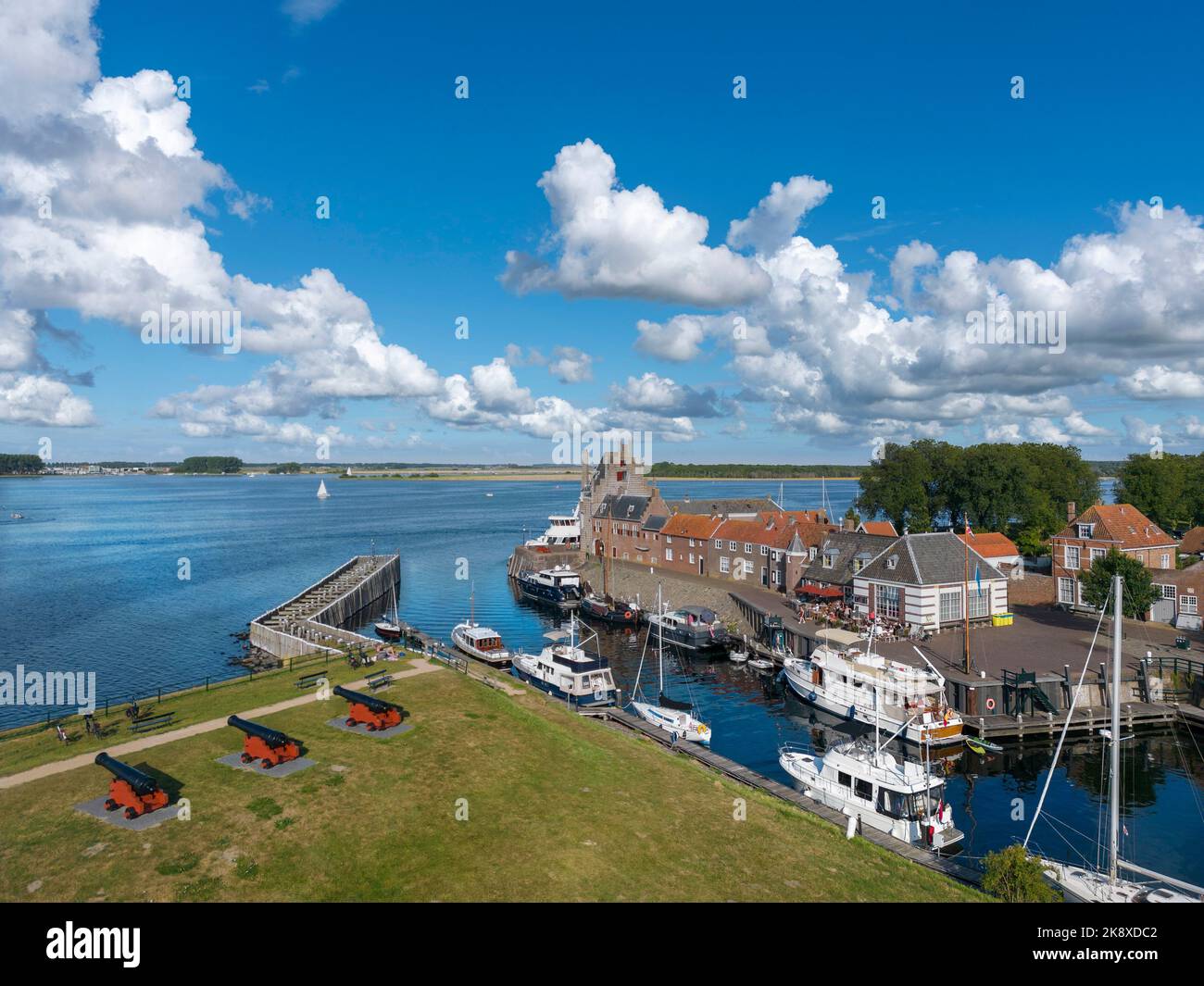 Aerial view with the historic city fortification Campveerse Toren, in the background the Veerse Meer, Veere, Zeeland, Netherlands, Europe Stock Photo