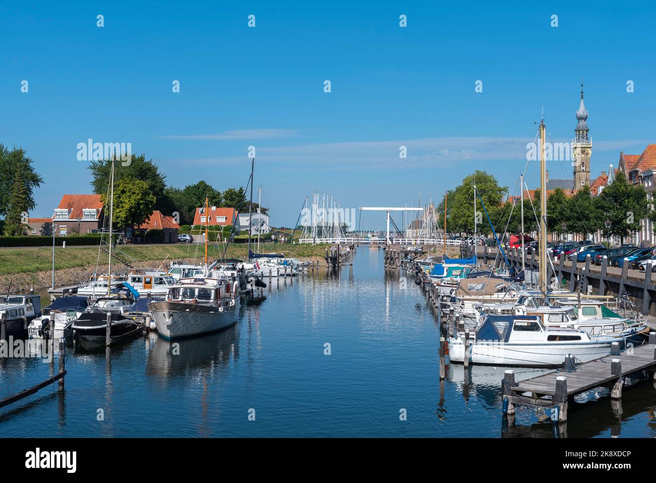 Marina with historic town hall in the background, Veere, Zeeland, Netherlands, Europe Stock Photo